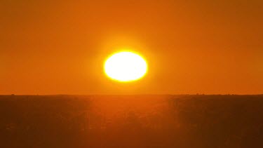 Sunrise desert horizon. Round sun ball, red sky.