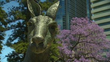 Statue of a Kangaroo sp Red? official government gardens Perth. St Georges Terrace, purple Jacaranda tree in bloom in background