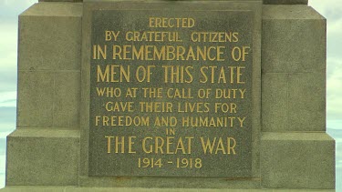 Perth Memorial sign to fallen soldiers of World War One, Erected by grateful citizens in remembrance of men of this state who at the call of duty gave their lives for freedom and humanity in The Great...