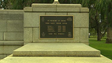 Zoom in Perth Memorial to fallen soldiers of war sign In Memory of those who gave their lives Korea 1950-1953, Malaya 1948-1960, Borneo 1962-1966, Vietnam 1962-1972