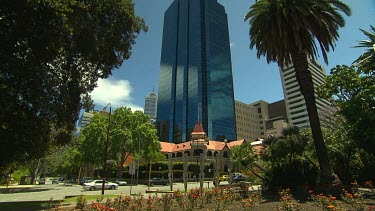 Exchange plaza Perth. MS tilt up, from low angle looking up.