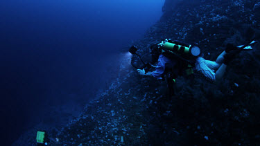 Dr. Richard Pyle at 250 feet using trimix rebreather with DeepSee Submersible