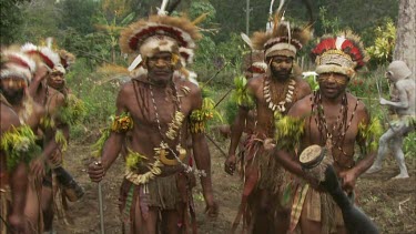 "Sorrow Dance" dance for honey bees. Men in traditional Papua New Guinean tribal dance wear. Men cover themselves in white chalk or ash.