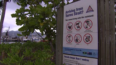 Customs sign for quarantine of chickens, live animals, plants, seeds, meat, fruit and vegetables from Torres Strait