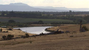 Field farms rural landscape. Dam. Tasmania, Australia.