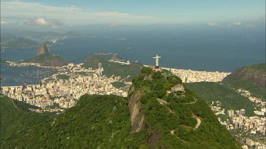 Aerial of the Christ the Redeemer landmark overlooking Rio De Janeiro