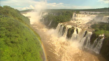 An aerial of the Iguaz Falls with a rainbow