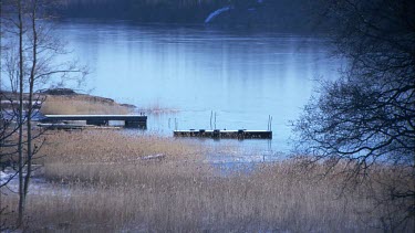 Wooden docks in winter in Sweden