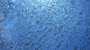 Close up of ice formed on a blue car.