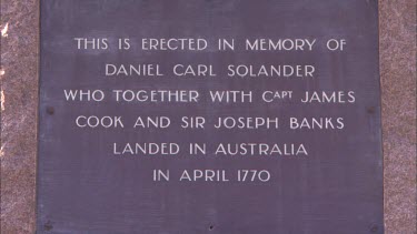 Monument commemorates Dr Carl Solander, the first Swede to land in Australia. This is erected in memory of Solander who together with Captain James Cook and Sir Joseph Banks landed in Australia in Apr...