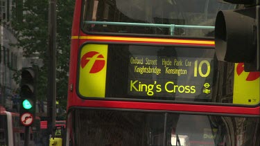 Red London Double-decker Bus number 10 to King's Cross. Oxford St, Hyde Park CNr, Knightsbridge, Kensington.