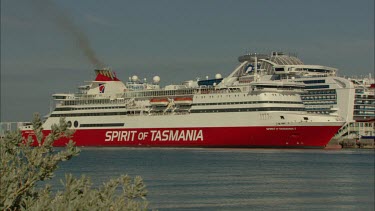 Spirit of Tasmania ferry pulling away from pier dock.