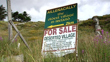 Funny sign. Joke. Aillenacally the oldest village in Ireland. For Sale. Sense of humour.