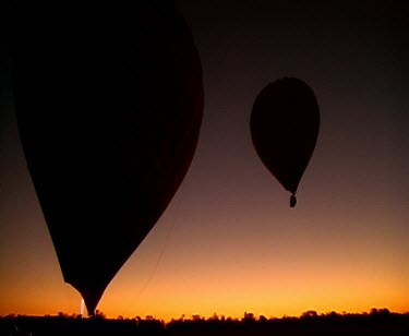 Hot-air balloons take-off. Sunrise. Silhouette