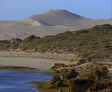Cactus Beach, desert and large sand dunes in background