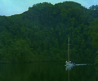 Yacht cruising up still river rainforest on banks.