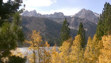 Fall colour against a pristine  lake and mountains
