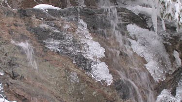An icy streamlet runs down rocky slabs