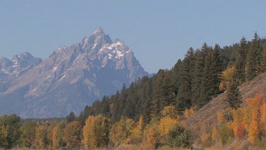 Rocky mountains, forest, and meadow in Autumn