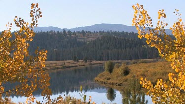 Zoom out on Rocky mountains, forest, and river in Autumn color
