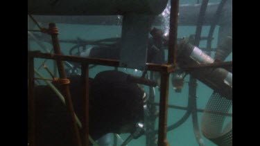Diver in diving cage turning on propeller