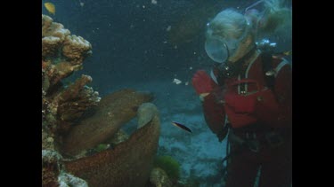 Valerie feels two Moray Eels from fish out of red handbag, bite plastic bag