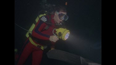 divers with walking turtle at night