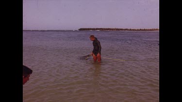 diver dragging dead shark in shallow water of beach