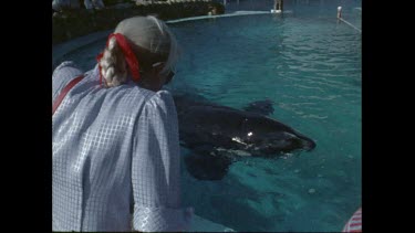 Valerie Taylor looks at orcas contained in small pool at San Diego Seaworld in the 1970s