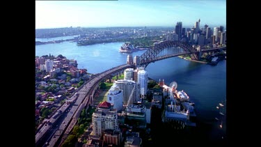 North Sydney, Luna Park, Harbour Bridge, Circular Quay with Sydney city and Sydney Opera House in background.