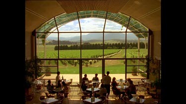 Interior restaurant at Yarra Valley with vineyards in background