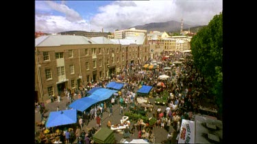High Angle. Flea market, Hobart. Lots of shoppers, tourists