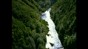 Steep sided forested canyon with flowing river. Franklin River.
