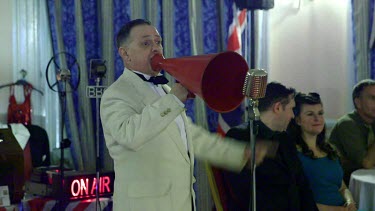 Paul Harper With Red Megaphone, Grand Hotel, Scarborough, England