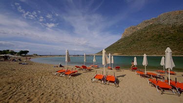 Orange Sun Loungers At Stavros Beach & Lagoon, Stavros, Crete, Greece, Europe