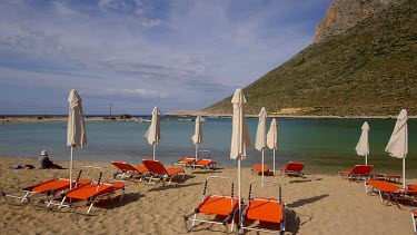 Orange Sun Loungers At Stavros Beach & Lagoon, Stavros, Crete, Greece, Europe