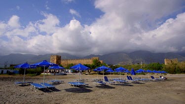 Blue Sun Beds, Parasols, Castle & Mountains, Frangokastello, Crete, Greece