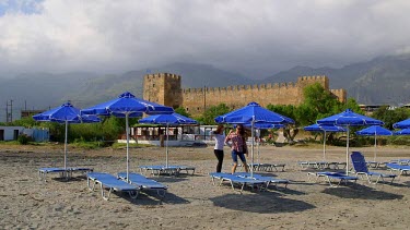 Blue Sun Beds, Parasols, Castle & Mountains, Frangokastello, Crete, Greece