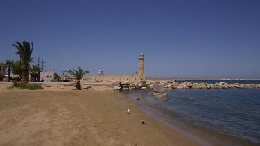 Doves, Beach & Harbour Lighthouse, Rethymnon, Crete, Greece
