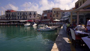 Pleasure Boats In Harbour & Restaurant, Rethymnon, Crete, Greece