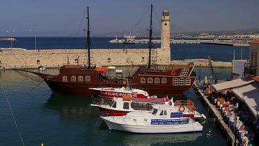 Pleasure Boats & Pirate Ship In Harbour, Rethymnon, Crete, Greece