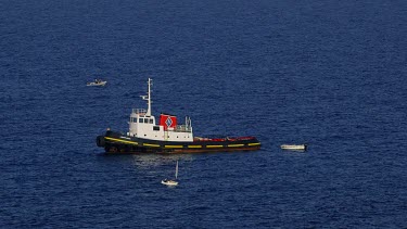 Sailing Dinky'S & Tug In Mediterranean Sea, Pantanassa, Crete, Greece