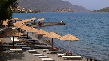 Straw Parasol'S & Spinalogkas Island, Elounda, Crete, Greece