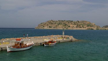 Fishing Boats At Pier & Spinalogkas Island, Plaka, Crete, Greece