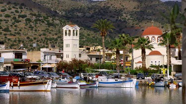 Clock Tower, Fishing Boats & Church, Elounda, Crete, Greece
