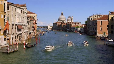 Boats On Grand Canal & Basilica Di Santa Maria Della Salute, Venice, Venezia, Italy