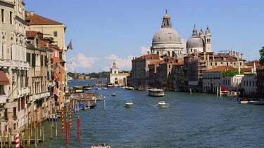 Boats On Grand Canal & Basilica Di Santa Maria Della Salute, Venice, Venezia, Italy