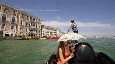 Woman With Parasol & Gondolier, Venice, Italy