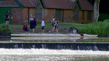 Rowing Club Preparing By Weir, Durham, England