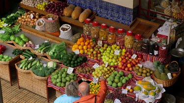 Tourists At Fruit & Vegetable Stall, Funchal Market, Madeira, Portugal